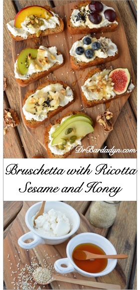 Bruschetta with Ricotta, Sesame and Honey - Low Calorie Recipes from DrBardadyn.com 